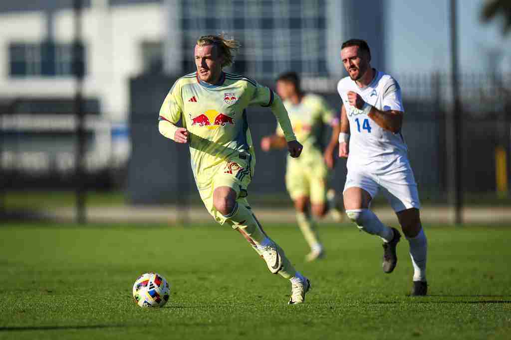 New York Red Bulls' midfielder Emil Forsberg during an exhibition match against Florida Gulf Coast at IMG Academy on January 20, 2024 (CREDIT: Will Vragovic / New York Red Bulls)