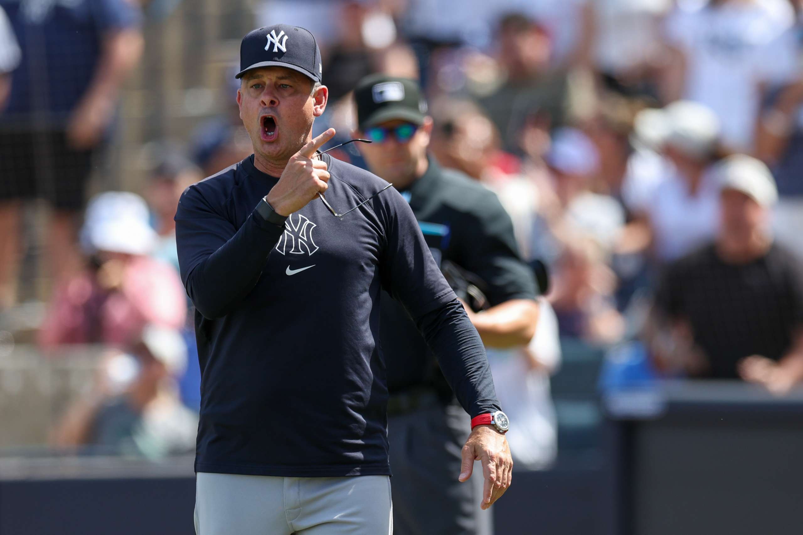 Apr 20, 2025; Tampa, Florida, USA; New York Yankees manager Aaron Boone (17) argues with umpire Scott Berry (87) (not pictured) against the Tampa Bay Rays in the eighth inning at George M. Steinbrenner Field. Mandatory Credit: Nathan Ray Seebeck-Imagn Images