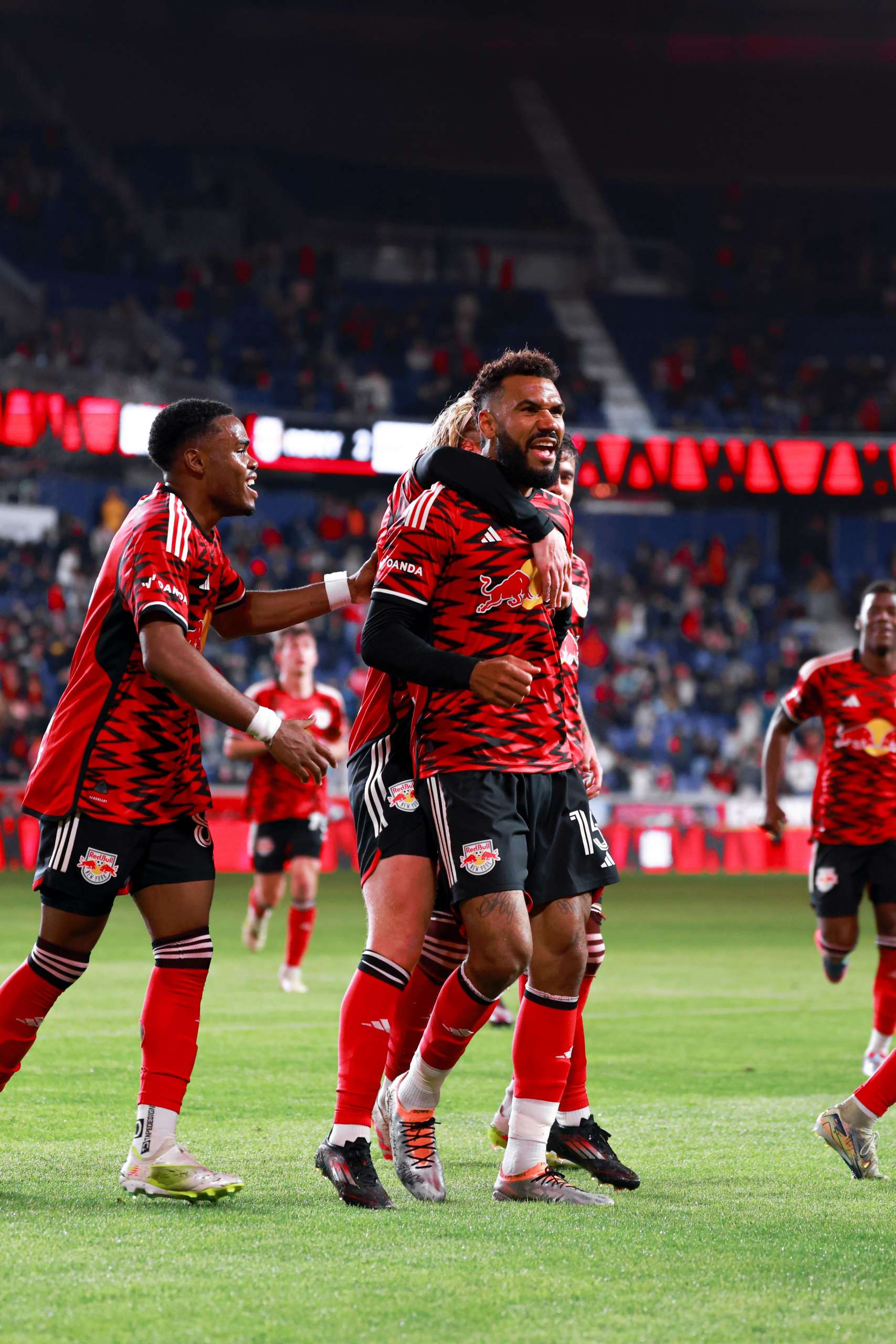 Eric Maxim Choupo-Moting celebrates scoring a penalty kick goal against the Chicago Fire (Credit: New York Red Bulls)