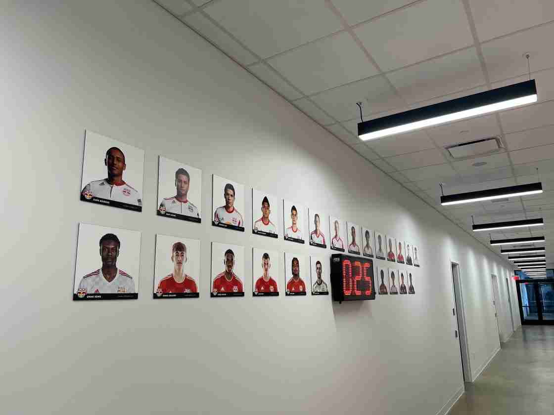 Wall of homegrown Red Bull New York players at the RWJBarnabas Health Red Bulls Performance Center in Morris Township, New Jersey who have made their Major League Soccer debuts (Credit: Michael Battista)
